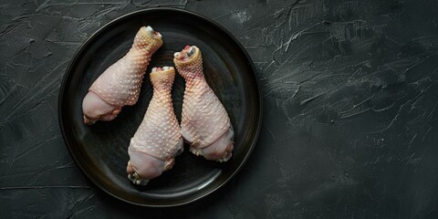 Canvas Print - Premium image of uncooked chicken drumsticks on a dark dish.