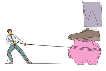 Poster - Single one line drawing businessman tries to take piggy bank stepped on by giant foot. Attempting to take ownership of investment. Fight to get decent life. Continuous line design graphic illustration