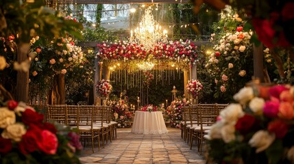 Wall Mural - romantic wedding scene with a beautifully decorated venue, floral arrangements, and a couple exchanging vows.