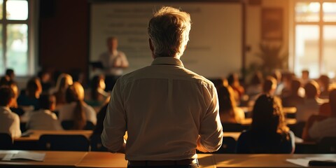 Canvas Print - Mature professor giving lecture to group of college students in the classroom. Back view. 