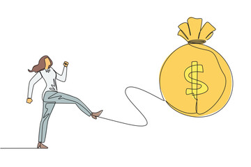 Poster - Single continuous line drawing businesswoman kicking the money bag. Pointless anger. Wasting a lot of capital without making a profit. No investments are empowered. One line design vector illustration