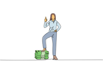 Poster - Continuous one line drawing businesswoman stands with thumbs up pose and steps on stack of banknotes. Get a lot of benefits in a short time. Work smart way. Single line draw design vector illustration