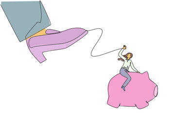 Poster - single continuous line drawing businesswoman riding a piggy bank runs away from giant feet. maintain