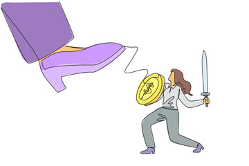 Poster - Single continuous line drawing businesswoman tries to ward off the giant foot that wants to step on her. Fighting arch enemies to gain profits. Preventive measure. One line design vector illustration