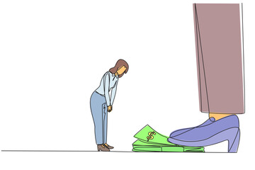 Poster - single one line drawing businesswoman nodded in front of giant foot stepping on wad of banknotes. fa