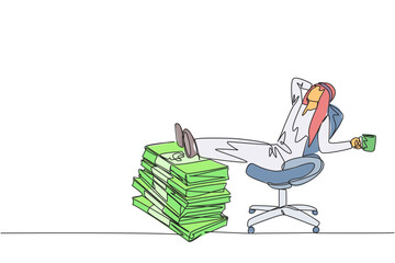 Poster - continuous one line drawing arab businessman sitting relaxed in a work chair. foot resting on stacks
