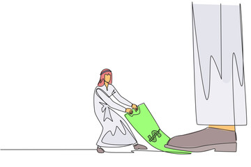 Poster - Single one line drawing Arab businessman pulling banknotes that were stepped on by the giant feet. Seize payment rights from unjust sovereigns. Struggle. Continuous line design graphic illustration