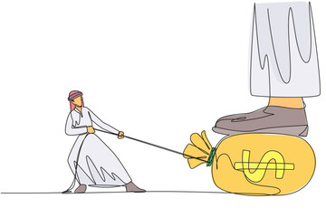 Poster - single one line drawing arab businessman tries to take money bag stepped on by giant foot. the rope 