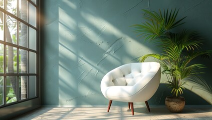 Wall Mural - A modern living room with a white armchair and a green accent wall with a window view.