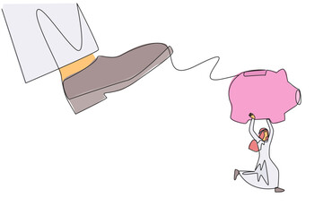 Poster - Continuous one line drawing Arabian businessman carrying piggy bank run away from giant foot. Trying to running fast saves capital from major disruption. Single line draw design vector illustration