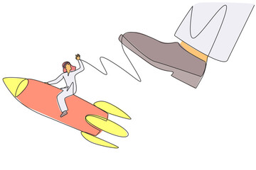 Poster - Single one line drawing Arab businessman riding rocket flies away from the giant foot. Continue to open new business branches despite the large disruption. Continuous line design graphic illustration