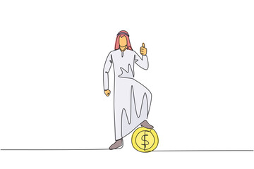 Poster - single one line drawing arabian businessman stands in a thumbs up pose and steps on a large coin wit