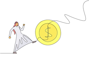 Poster - Single one line drawing Arabian businessman kicking a coin with a dollar symbol. Actions that are not worthy of imitation. Throwing away capital for free. Continuous line design graphic illustration