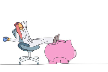 Poster - Single continuous line drawing Arab businessman sitting relaxed in work chair holding mug. Foot resting on piggy bank. Relax with the enormity of assets collected. One line design vector illustration