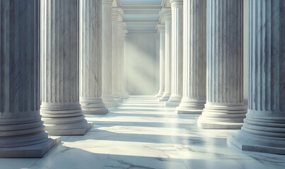 A perspective view of a row of white marble columns leading to a bright light source.