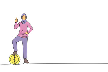Poster - single one line drawing arab businesswoman with thumbs up pose and steps on coin with dollar symbol.