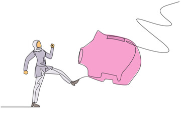 Poster - single one line drawing arab businesswoman kicking piggy bank. emotional. spending capital to releas