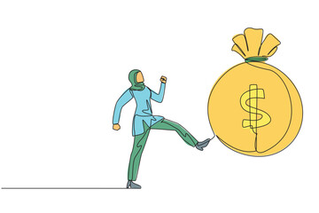 Poster - single continuous line drawing angry arabian businesswoman kicking the money bag. failure to make bi