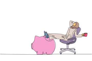 Sticker - Single one line drawing young Arabian businesswoman sitting relaxed in work chair holding mug. Foot resting on piggy bank. Just got a profitable investment. Continuous line design graphic illustration