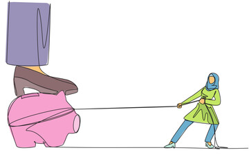 Poster - single one line drawing arabian businesswoman tries to take piggy bank stepped on by giant foot. act