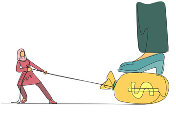 Poster - Continuous one line drawing Arabian businesswoman tries to take money bag stepped on by giant foot. Try hard to pull using the rope. Get the most profit. Single line draw design vector illustration