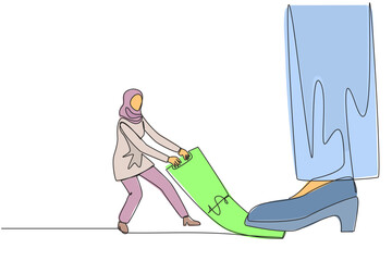 Poster - single continuous line drawing arab businesswoman pulling banknotes that were stepped on by the gian