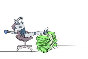 Wall Mural - Continuous one line drawing robot sitting on a work chair holding mug. Foot resting on stacks of banknotes. The most successful and richest robot. Future. Single line draw design vector illustration