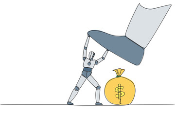 Poster - Continuous one line drawing the new robot holds back the giant foot that wants to step on the money bag. Test artificial intelligence to maintain profits. Single line draw design vector illustration