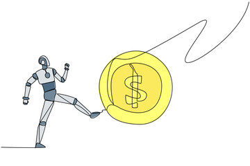 Poster - single continuous line drawing robot kicking the big coin with a dollar symbol. errors in providing 