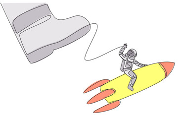 Poster - continuous one line drawing astronaut riding a rocket flies away from the giant foot. a bully who tr