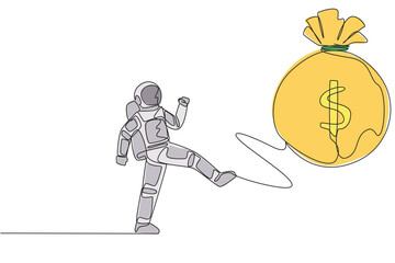 Wall Mural - Single one line drawing young astronaut kicking money bag. Full of emotion. Kicking the money that  prepared for the landing mission on the lunar surface. Continuous line design graphic illustration