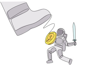 Poster - single one line drawing astronaut tries to ward off the giant foot that wants to step on him. anythi