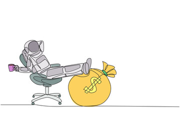 Poster - single one line drawing astronaut sitting in a work chair holding a mug. foot resting on money bag. 