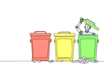 Poster - single one line drawing robot peeking out of the trash can, there were lots of wads of paper. progra