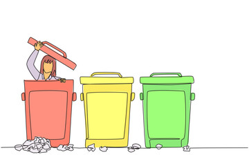 Poster - single continuous line drawing businesswoman peeking out of trash can, there were lots of wads of pa