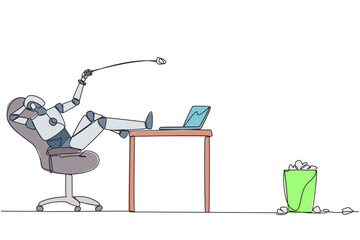 Poster - single one line drawing robot sitting in chair throwing wads of paper into the trash. trying to repr