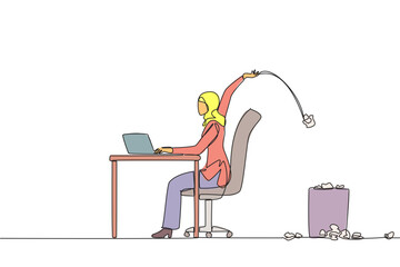 Poster - continuous one line drawing arabian businesswoman typing at a work desk throwing wads of paper into 