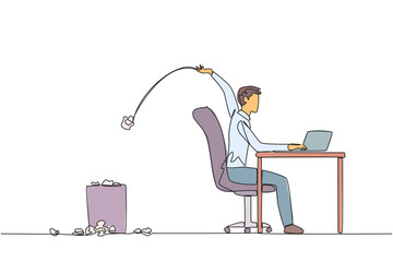 Wall Mural - Single one line drawing businessman typing at a work desk throwing wads of paper into the trash. Does not have a clear idea of business progress. Stagnant. Continuous line design graphic illustration