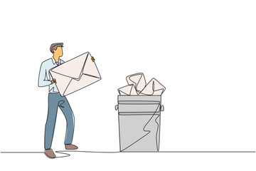 Poster - continuous one line drawing businessman throw large envelope in trash. throw away many application l