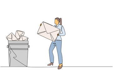 Poster - single continuous line drawing businesswoman throw the large envelope in the trash. delete many mess
