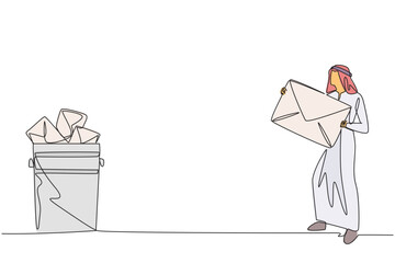 Aufkleber - Single one line drawing Arab businessman throw the large envelope in the trash. Delete large number of incoming spam emails. Many emails are not important. Continuous line design graphic illustration