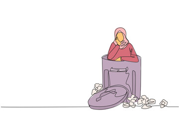Poster - single continuous line drawing arabian businesswoman is in the trash. poor mentality. contemplating 