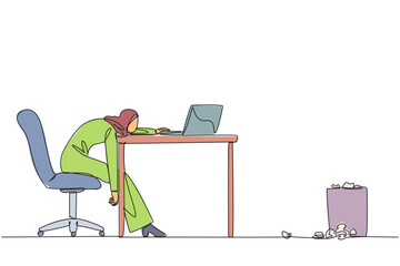 Poster - single continuous line drawing arabian businesswoman sitting in work chair looking tired. has no ent