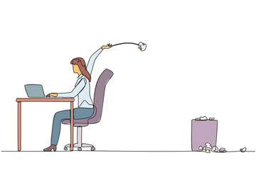 Poster - single one line drawing businesswoman typing at a work desk throwing wads of paper into the trash. f
