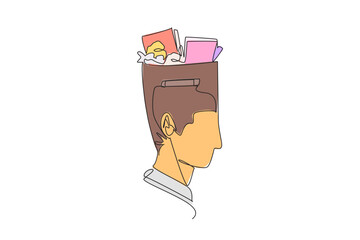 Poster - single continuous line drawing businesswoman's head in the shape of a trash can. difficulty thinking