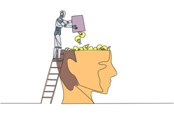 Poster - continuous one line drawing robot climb to the large, open head with stairs. throw away the lightbul