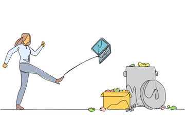 Poster - single one line drawing businesswoman kicked laptop into the trash. very angry. operational costs in