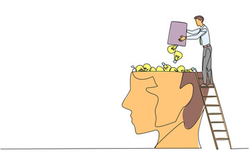 Poster - single continuous line drawing businessman climb to the large, open head with stairs. throw away the