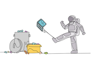 Poster - single continuous line drawing astronaut kicked the laptop into the trash. venting anger. a lot of f