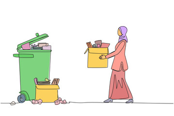 Poster - Single continuous line drawing Arab businesswoman carrying a cardboard box full of piles of paper to the trash. A clean work room will provide more enthusiasm. One line design vector illustration
